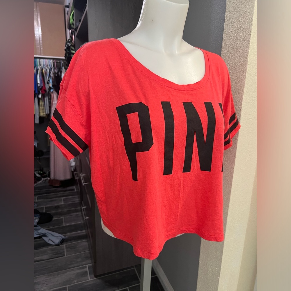 PINK Red & Black Crop Short Sleeve Top - Picture 2 of 6